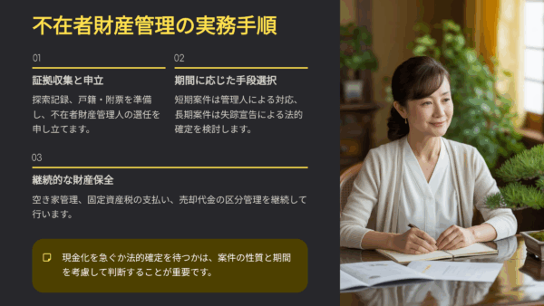 相続人 行方不明でも進める相続｜不在者財産管理人で登記・解約・売却を動かす手順と費用