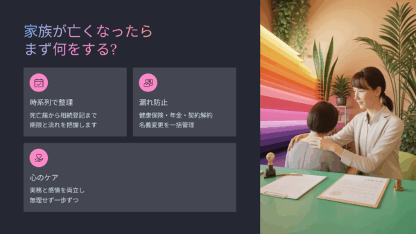 家族が亡くなったらまず何をする？死後の手続きチェックリストと相続・名義変更の流れ