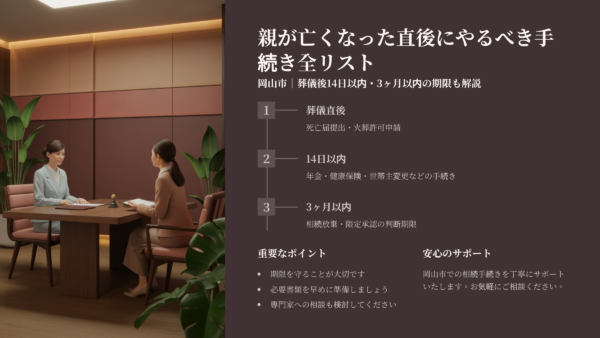 【岡山市】親が亡くなった直後にやるべき手続き全リスト｜葬儀後14日以内・3ヶ月以内の期限も解説